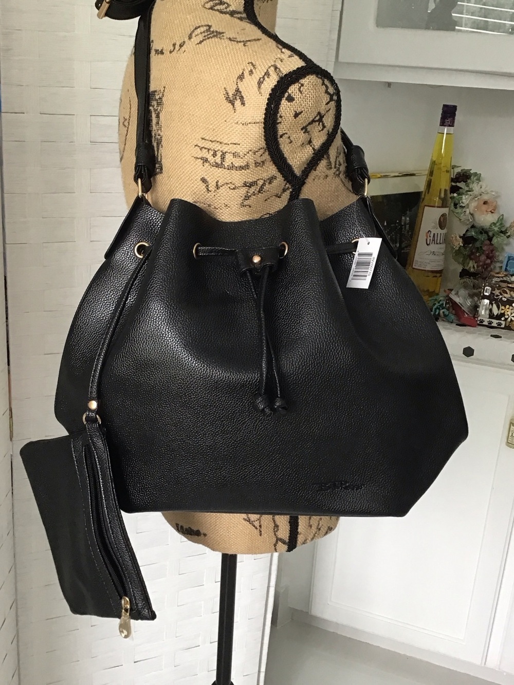 Black Drawstring Bucket Shoulder Bag with wristlet by Bell Russo
